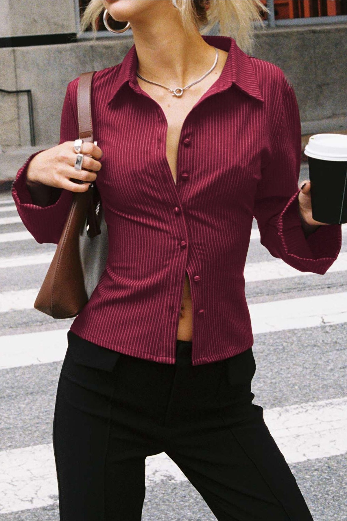 British Style Striped Button Front Lightweight Blouse