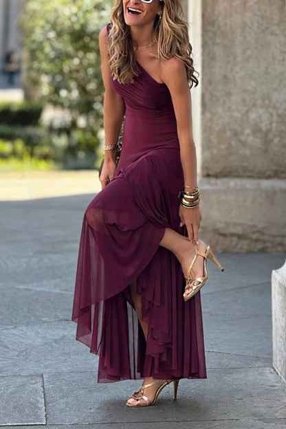 Burgundy One-Shoulder Tulle Ruched Waist Tiered Maxi Formal Dress