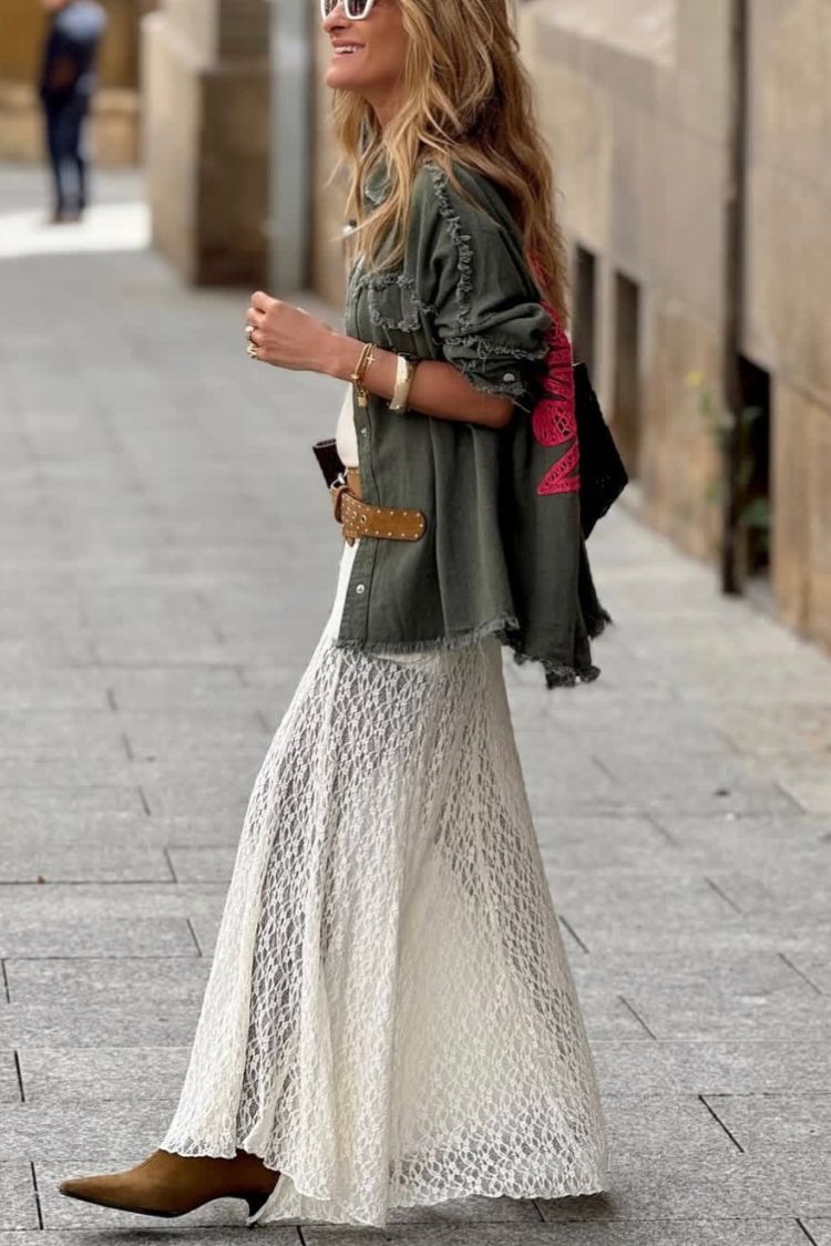 Khaki Green Denim Overshirt with Pink Crochet Mandala