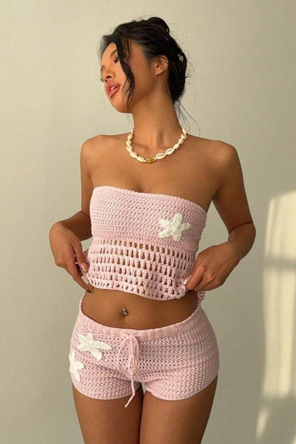 Floral Knit Crochet Crop Bodycon Shorts Set