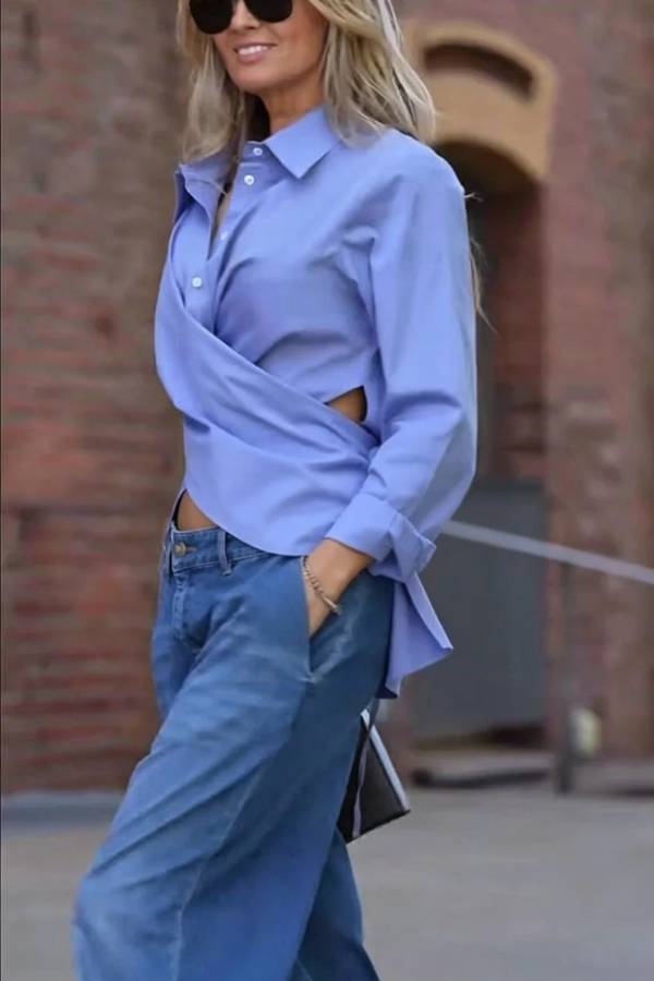 Unique Street Button Up Long Sleeve Slit and Tie-up Hem Blouse