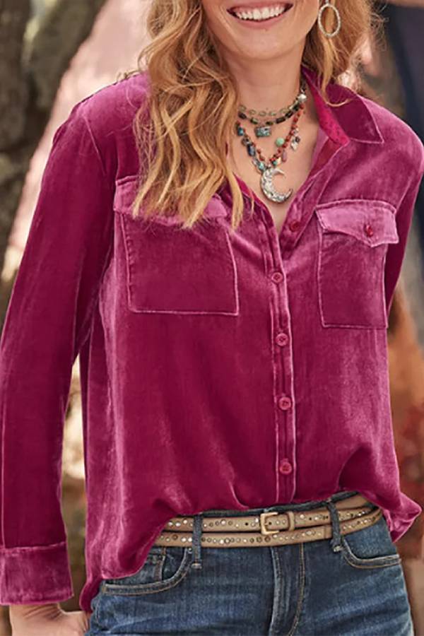 Retro Lapel Collar Button Pockets Detail Long Sleeve Velvet Blouse
