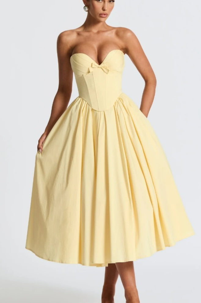 Romantic Bow Boned Strapless Slim Solid Prom Dress