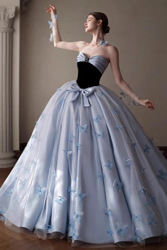 Floral Applique Strapless Ball Gown Prom Dress