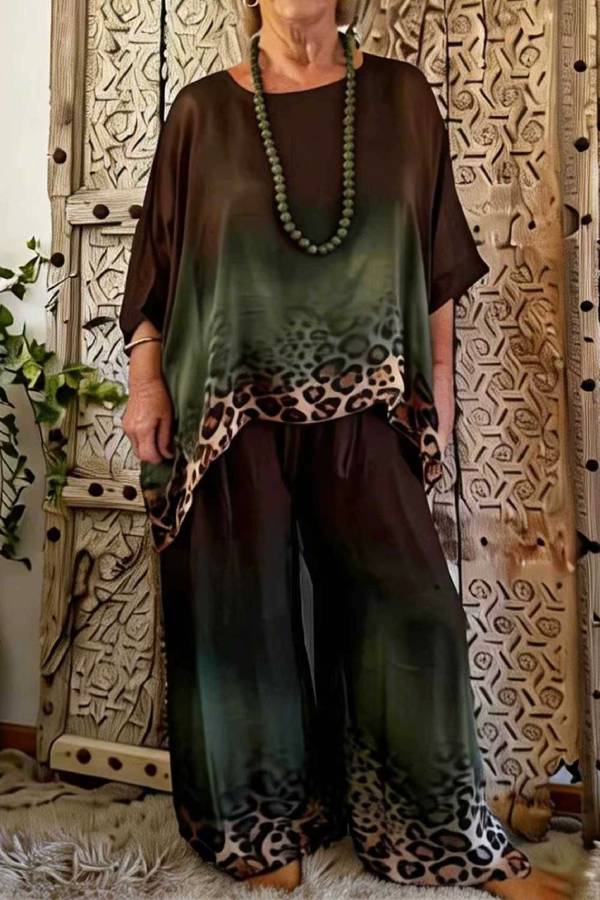 Gradient Leopard Print Loose Casual Set