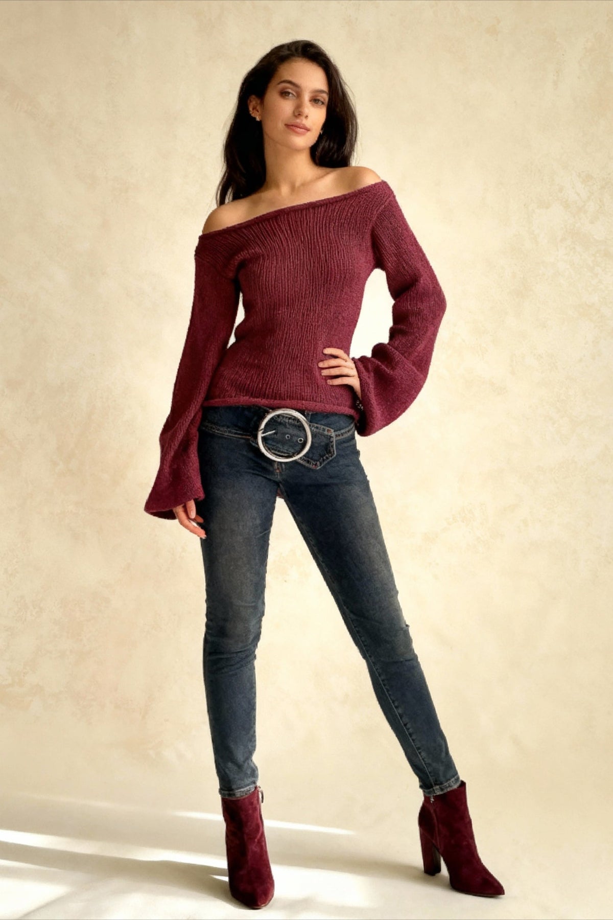 Solid Off Shoulder Rolled Edge Loose Knit Sweater