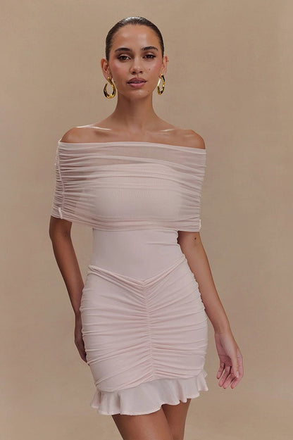 Off Shoulder Mesh Band Ruched Ruffle Hem Bodycon Mini Dress