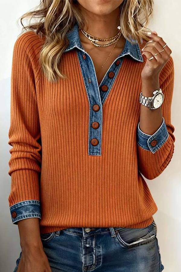 Denim Spliced Fake Two Piece Long Sleeve Knit Sweatshirt Top