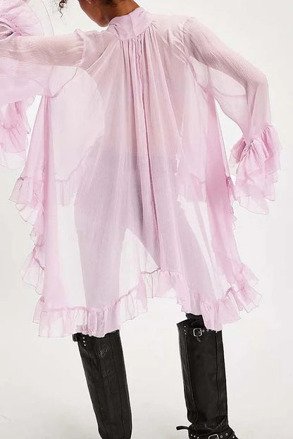 Flowy See-through Ruffle Tie-up Neck Bell Sleeve High-low Hem Cape Shirt