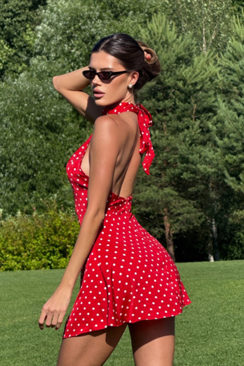 Polka Dot Waist Cinched Sleeveless Bodycon Dress
