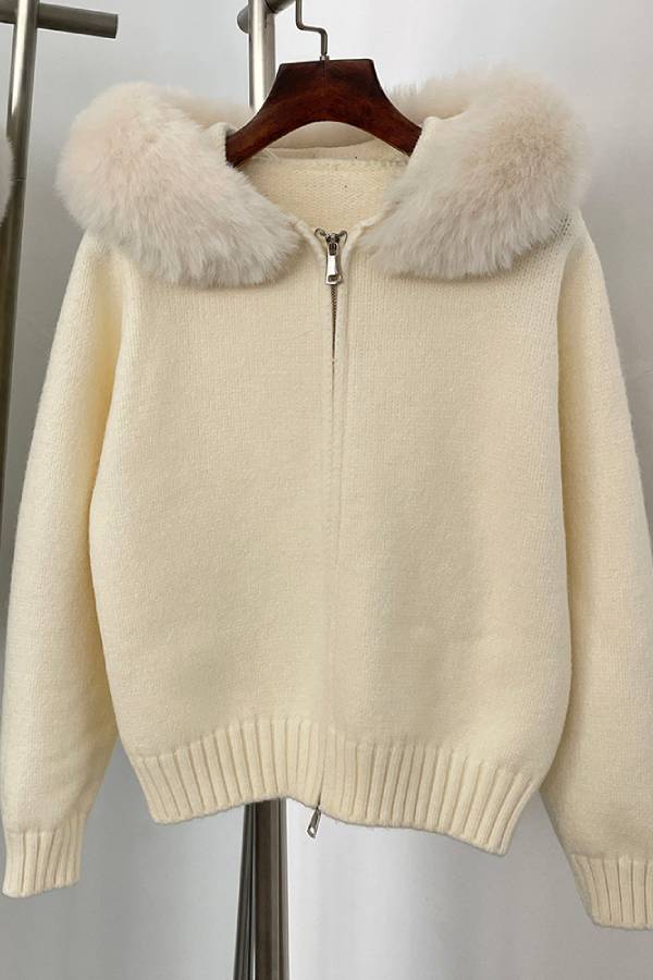 Fur-collar zip-up cardigan