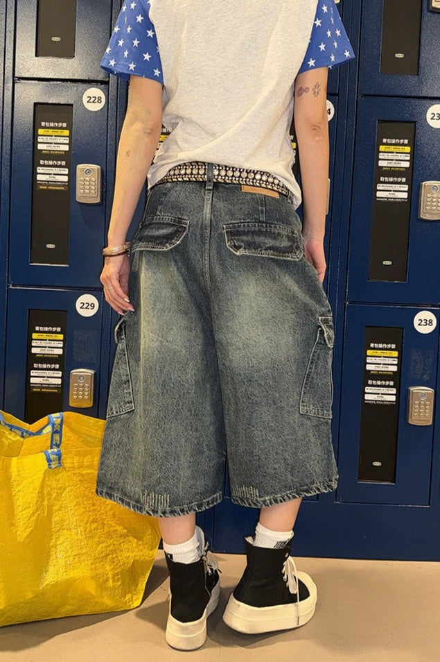 Double Waistband Letter Patch Curved Leg Jeans