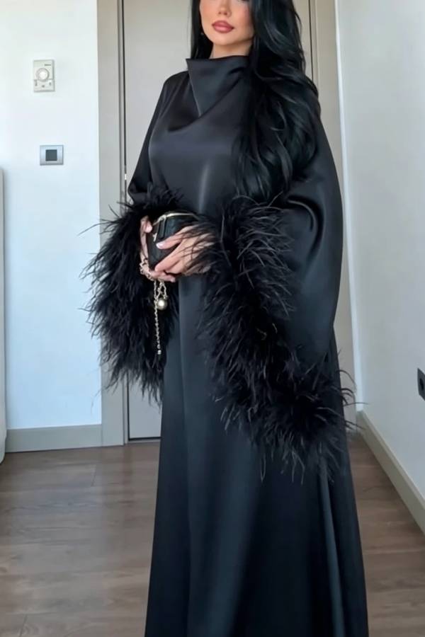 Nadina Satin Cowl Neck Long Feather Trim Sleeve Loose Maxi Dress