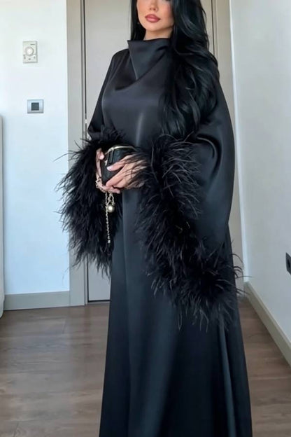 Nadina Satin Cowl Neck Long Feather Trim Sleeve Loose Maxi Dress