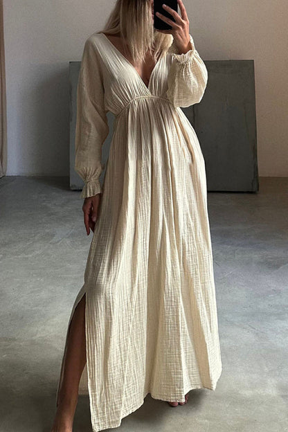 Casual V-neck Slit Cotton and Linen Dress