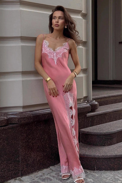 Lace Trim Silk Dress