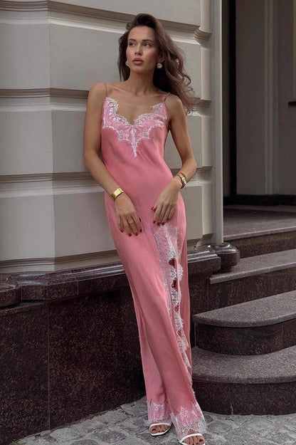 Spaghetti Strap Deep V Floral Lace Trim High Slit Satin Maxi Slip Dress