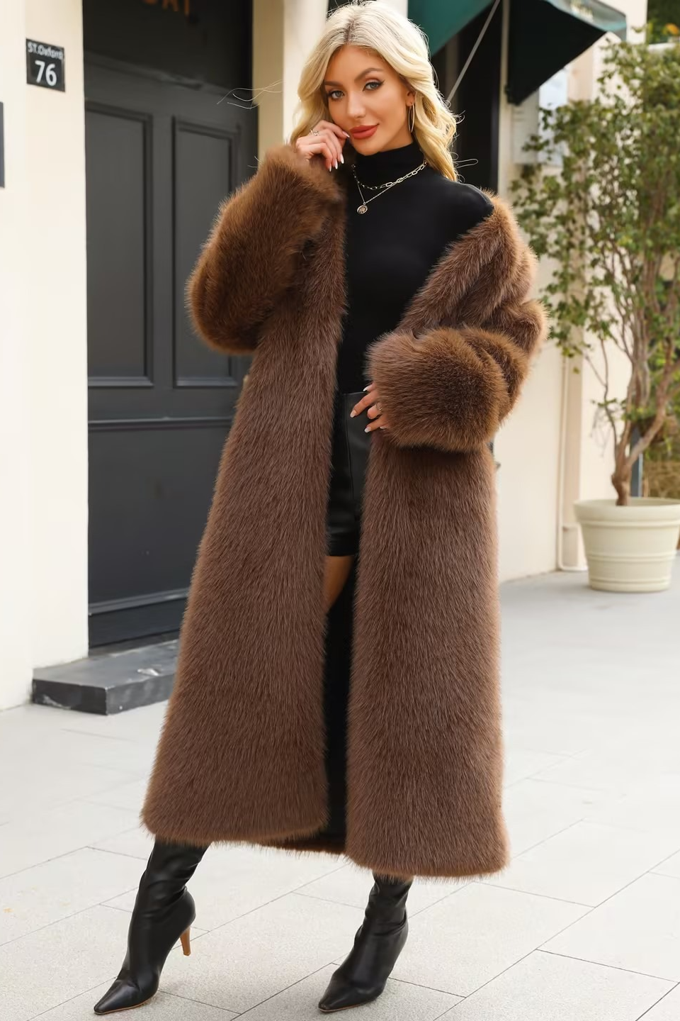 Chic V Neck Faux Fur Cozy Longline Overcoat