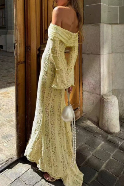 Off Shoulder Ruched Lace Flare Sleeve Bodycon Dress