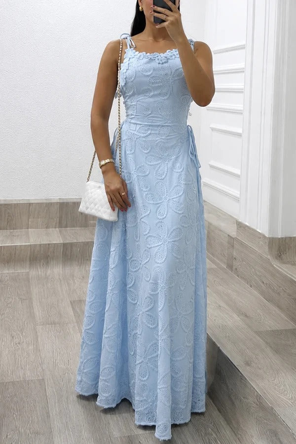 Garden Party Lace Embroidered Cutout Fabric Flower Trim Side Lace-up Maxi Dress
