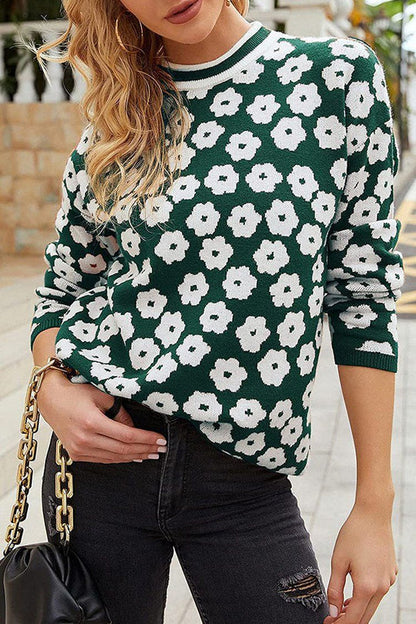 Mock Neck Floral Print Knitted Sweater Color Block Light Weight Sweater