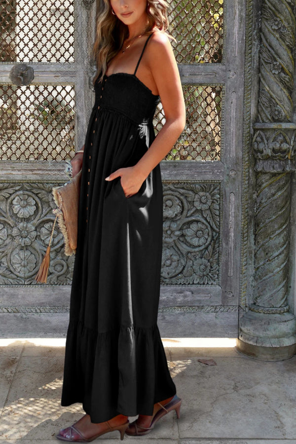 Black Smocked Button Pocketed Spaghetti Strap Maxi Dress
