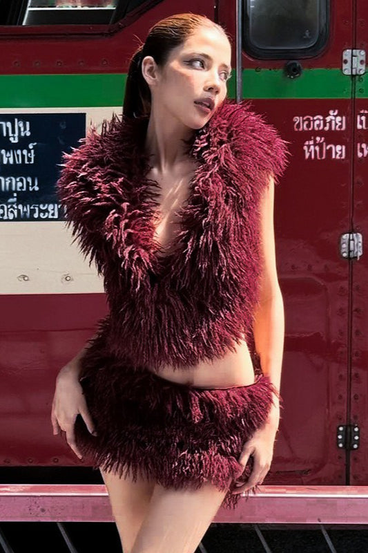 Faux Fur Hooded U Neck Backless Crop Top Mini Skirt Set