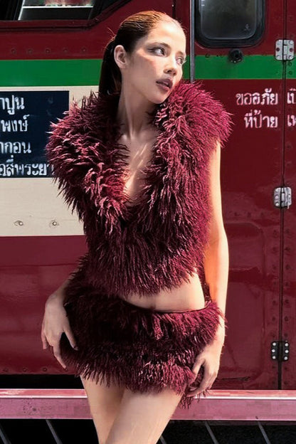 Faux Fur Hooded U Neck Backless Crop Top Mini Skirt Set