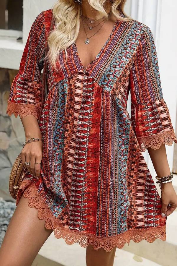 Bohemian Ethnic Print V-Neck Lace Trim Bell Sleeve Babydoll Dress