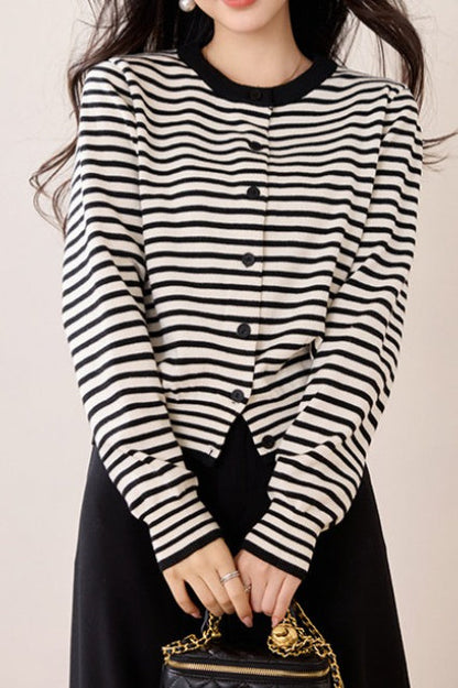 Black White Stripe Knit Cardigan