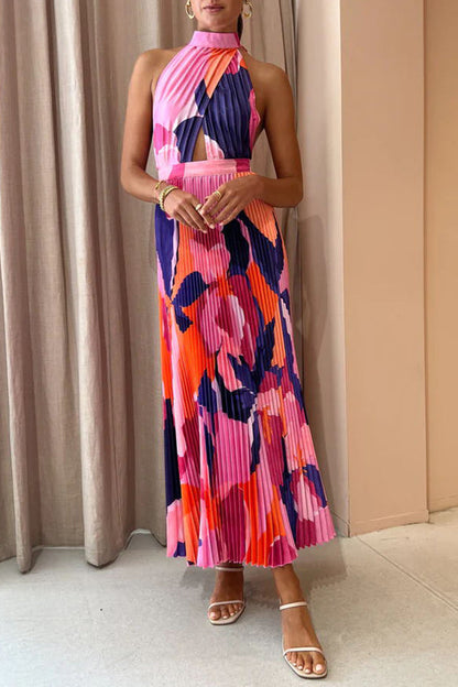 Pleated Halter Neck Cut Out Crisscross Bodice Abstract Floral Print Maxi Dress