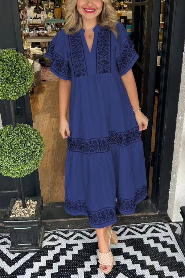 Multi-Color Ethnic Embroidered V-Neck Short Sleeve Tiered Midi Dress