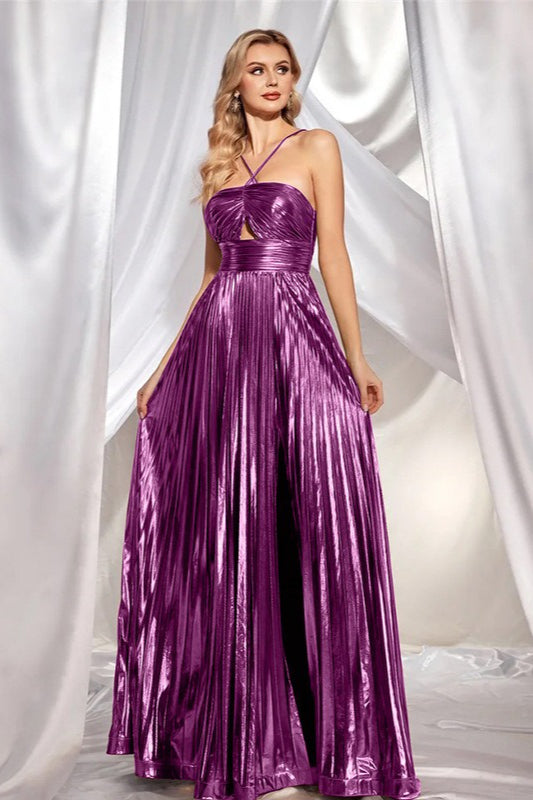 Sleeveless Backless Halter Slit Formal Dress