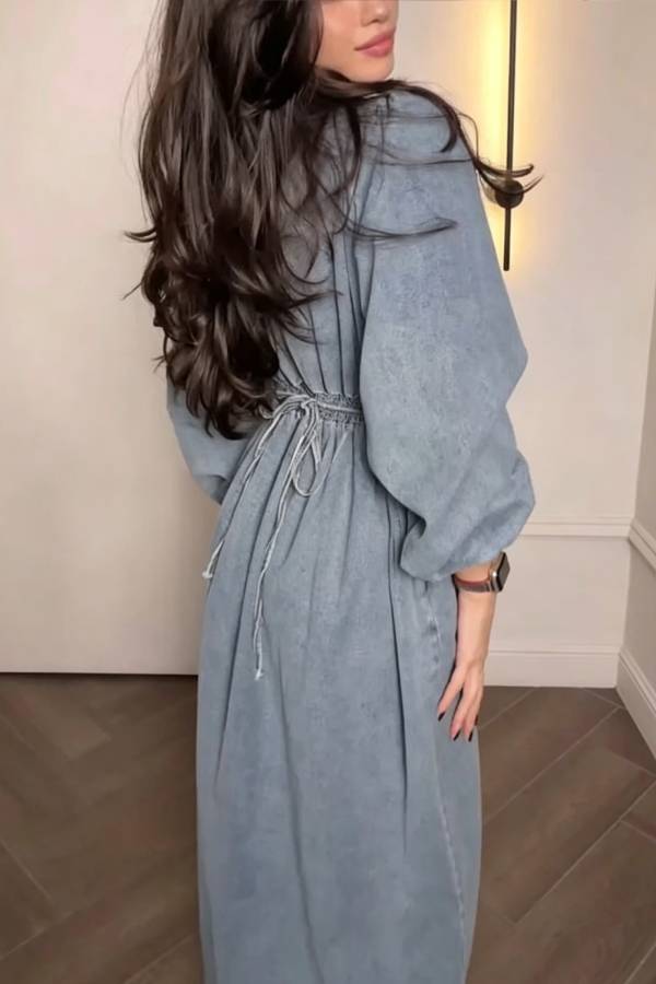 Josephina Denim Button Up Balloon Sleeve Elastic Waist Tie-up Pocket Midi Dress