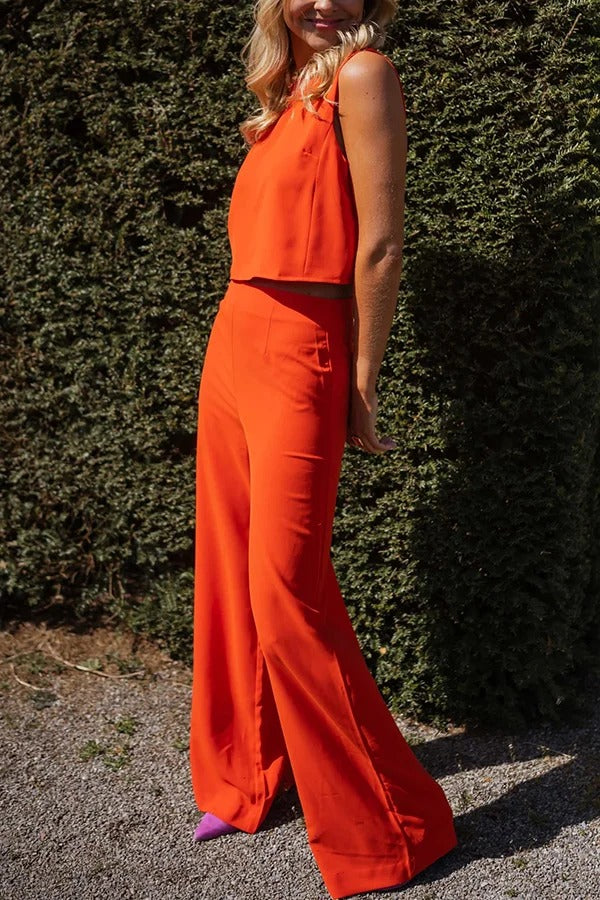 Modern and Elegant Solid Crop Tank and High Rise Flare Loose Pants Set