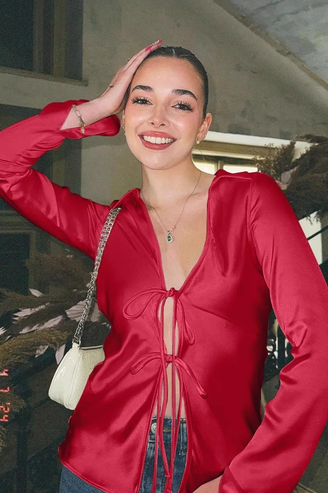 Satin Tie Front Slim Fitted Long Sleeve Blouse