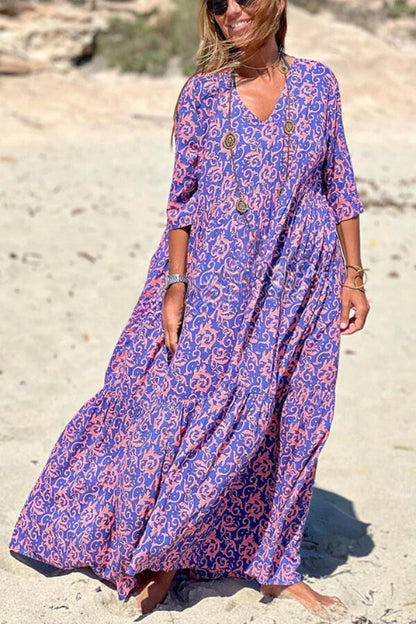 Fashion Pattern Printed Half Sleeve Loose Swing Maxi Dresse