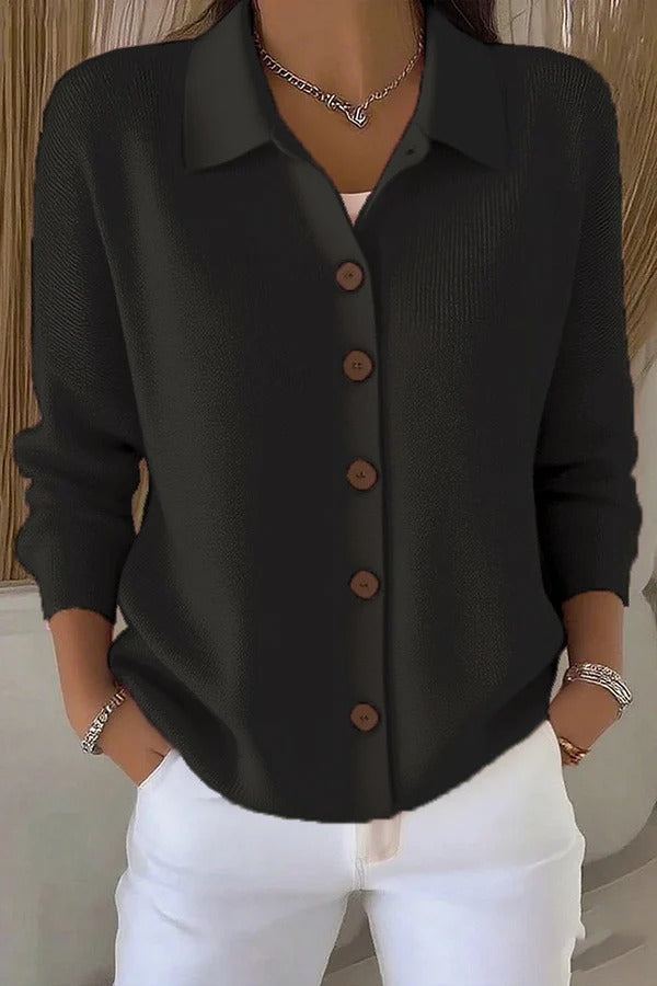 Casual Stylish Knit Solid Color Shirt Neck Button Up Long Sleeve Cardigan