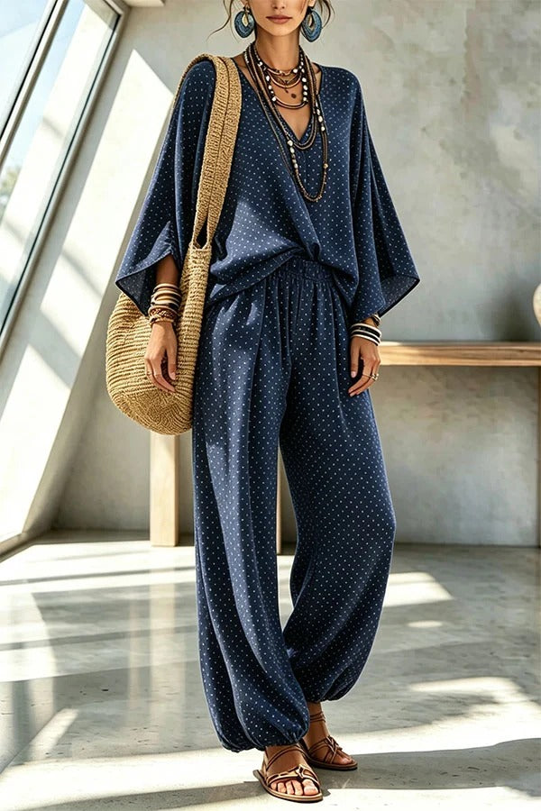 Retro Style Polka Dot Print Batwing Sleeve Top and Elastic Waist Loose Jogger Pants Set