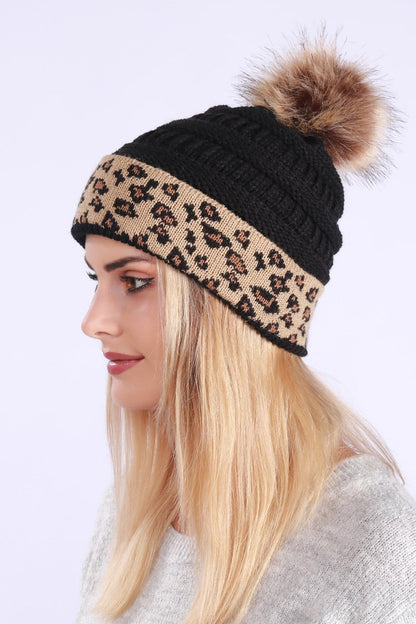 Leopard Print Slouchy Knit Beanie Hat