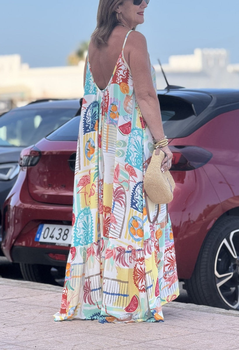 Long summer dress with flamingo print