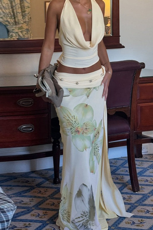 Elegant Halter Wrap Back Mesh Floral Slit Maxi Skirt Set