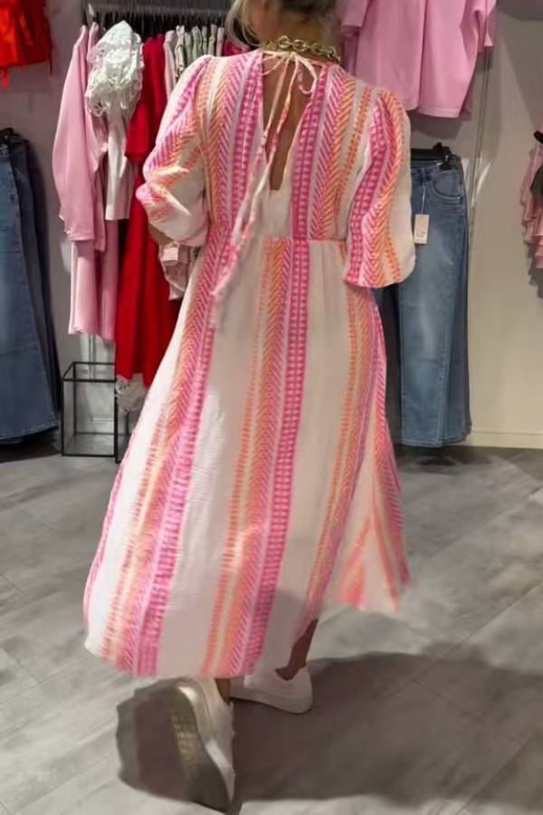 Multi-Color V-Neck Puff Sleeve Backless Tie-Waisted Flowy Maxi Dress
