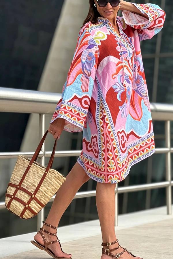 Lucia Linen Blend Vacation-style Print Tie-up Neck Long Sleeve Pocket Loose Mini Dress