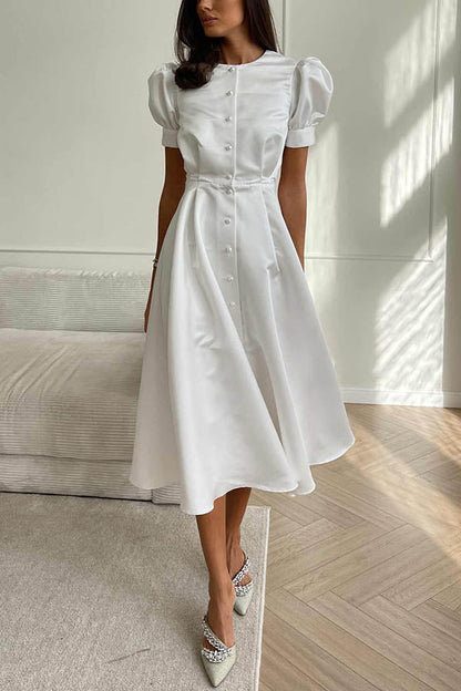Puff Sleeve Pearl Button Front Satin Side Slit Midi Dress