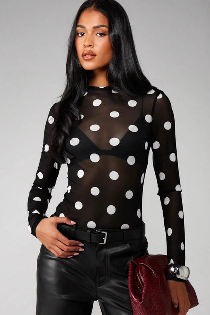 Polka Dot Sheer Mesh Long Sleeve Tee