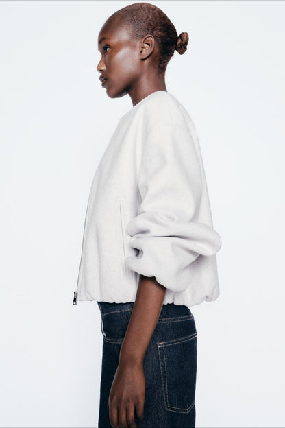 Faux Wool Short Zip Bomber Jacket