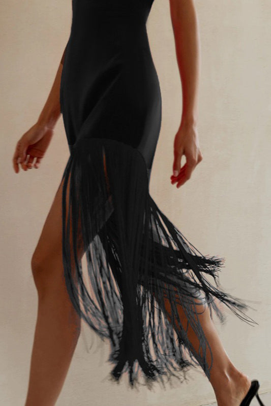 Fringe Strapless Slit Chic Cocktail Dress