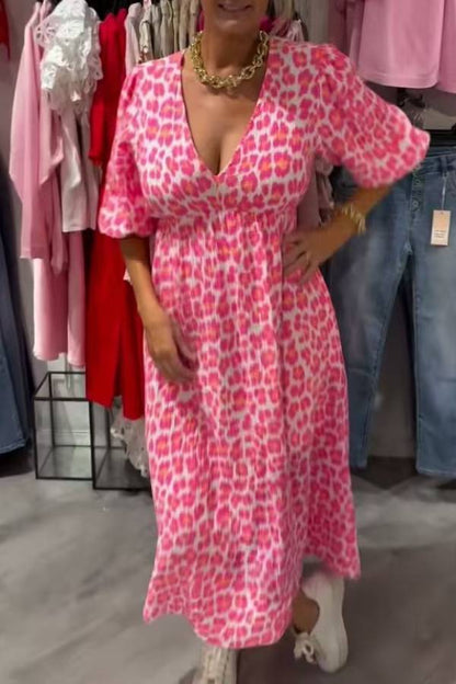 Multi-Color V-Neck Puff Sleeve Backless Tie-Waisted Flowy Maxi Dress