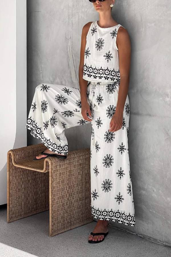 Boho Black & White Printed Sleeveless Top & Wide-Leg Pants Set
